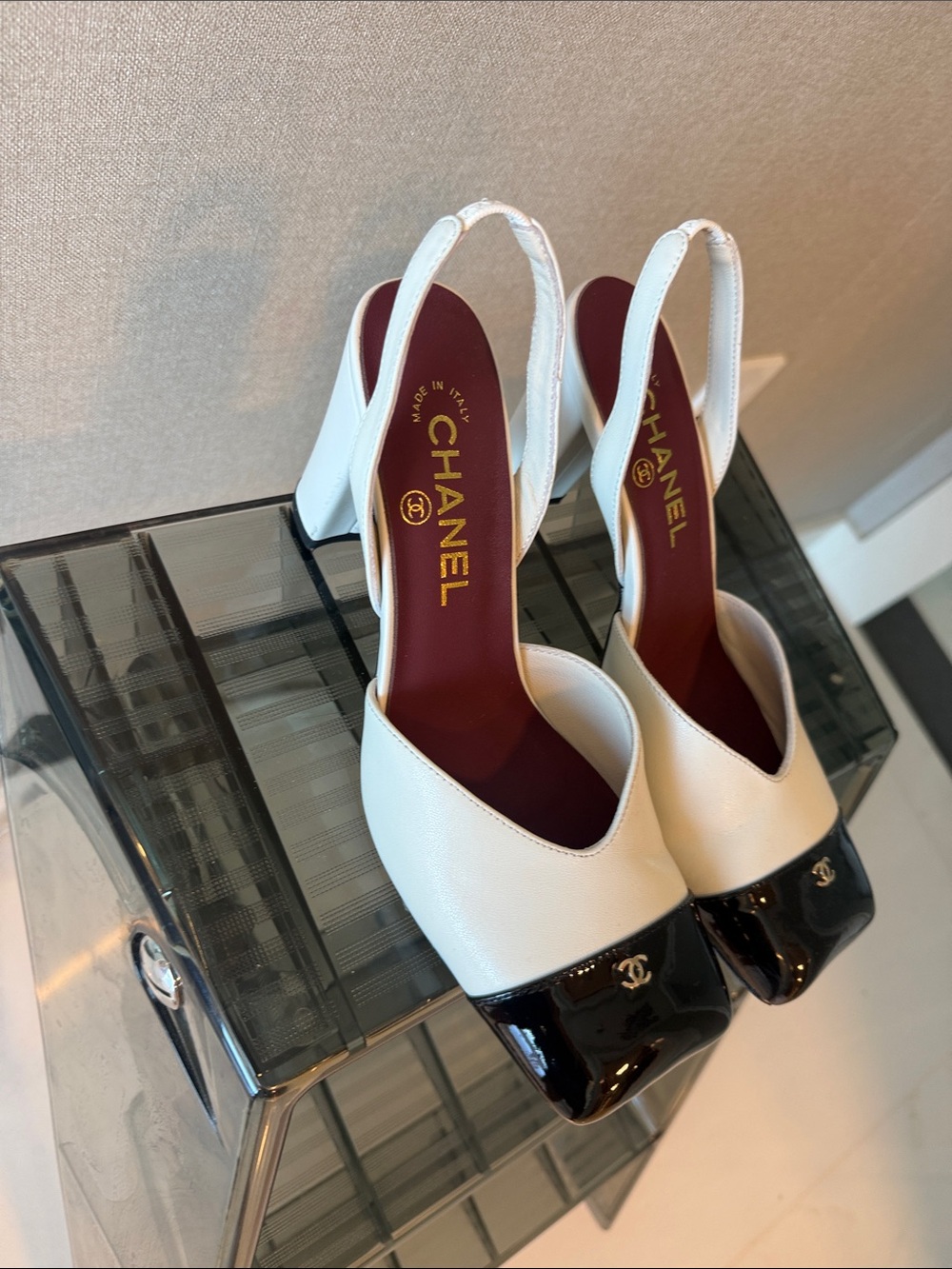 White Leather Slingback Pumps with Black Patent Cap Toe - Picture 2 of 4
